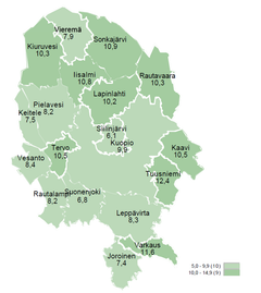 Työttömien työnhakijoiden osuus työvoimasta kunnittain.