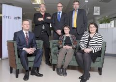 STT:n uusi hallitus. Juha-Petri Loimovuori (vas.), Tapio Sadeoja, Pekka Mervola, Barbro Teir, Kari Vainio ja Merja-Ylä-Anttila. Kuvasta puuttuu Esko Ranto.