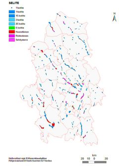 Keski-Suomen 1-, 1E, 2-, 2E ja E-luokan pohjavesialueet sekä riskinalaiset, huonotilaiset ja selvityksiä edellyttävät pohjavesialueet. Kuva: Keski-Suomen ELY-keskus