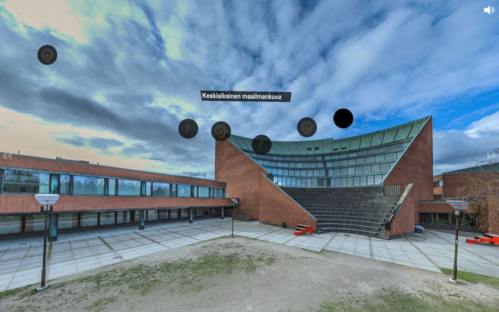 En bild på VR-innehållet som gymnasiestuderande har skapat: den gamla huvudbyggnaden av Tekniska högskolan - VR-element med i bilden. (Foto: Esbo stad)