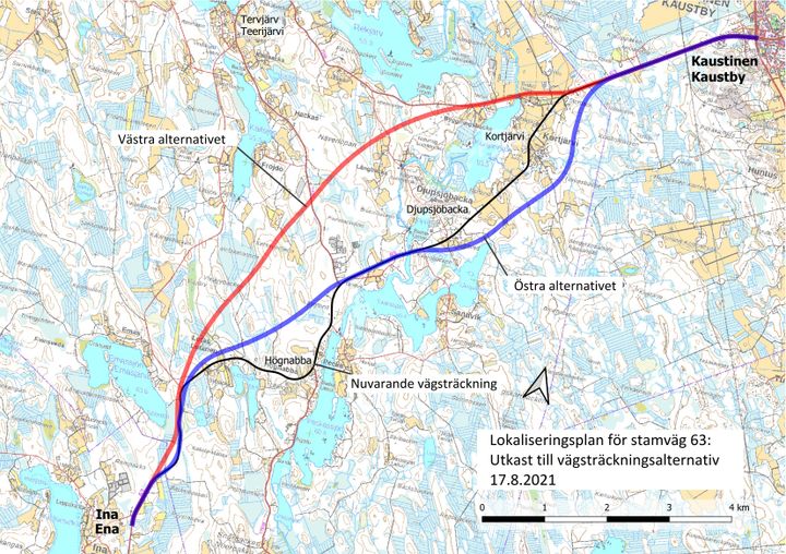 Karta över alternativa lösningar enligt lokaliseringsplanen. Den nuvarande vägsträckningen är märkt med svart och de nya alternativen med blått och rött.