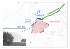 Kartta kävelyreitistä ja pysäköintialueesta.