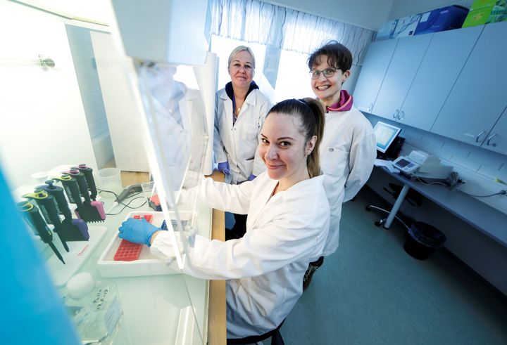 Jyväskylän yliopiston liikuntalaboratoriossa voidaan tutkia muun muassa suolistomikrobien DNA:ta PCR-menetelmän avulla, jonka jälkeen niiden koostumus voidaan määrittää sekvensoimalla. Menetelmää käyttävät myös Erasmus-vaihtoon Jyväskylän yliopistoon saapunut Claudia Mescolini (edessä), Sanna Lensu ja Satu Pekkala. Kuva: Jyväskylän yliopisto
