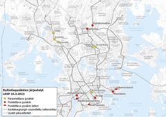 Kartta pysäkeistä, johon tulossa muutoksia vuosian 2023–2024.