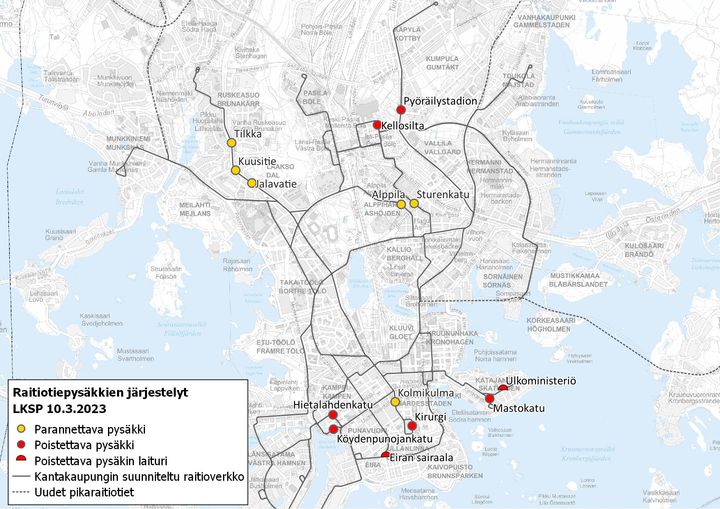 Kartta pysäkeistä, johon tulossa muutoksia vuosian 2023–2024.