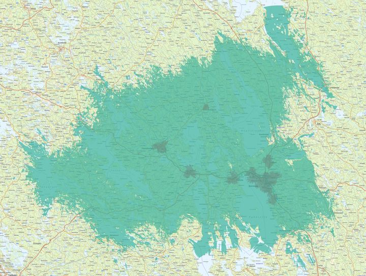 Kuvassa vaaleampi vihreä väri kuvaa normaalia 4G-/5G-peruspeittoa, ja tummempi vihreä erityisen nopeaa, 3,5 GHz:n taajuudella toimivaa 5G-verkkoa.