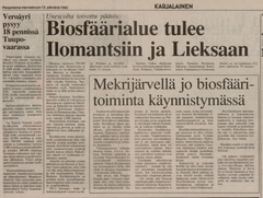 Sanomalehti Karjalaisen juttu biosfäärialueesta 13.11.1992.