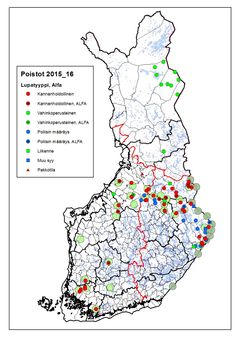 Suden metsästysaikainen ja muu tunnettu kuolleisuus 1.8.2015–29.2.2016. Tunnetut susireviirit on merkitty karttaan vaalean vihreällä ja rajalaumat harmaalla symbolilla.