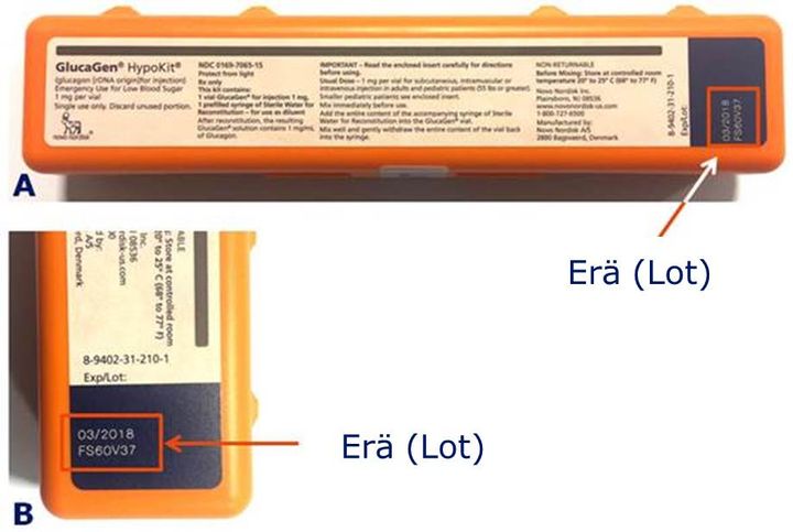 A) GlucaGen® -pakkaus, jossa eränumero on löydettävissä punaisen laatikon osoittamasta paikasta B) lähikuva eränumerosta (kuva englanninkielisestä pakkauksesta).