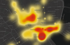 Heatmap-sivulta näkee pääkaupungin matkailun kannalta keskeisten alueiden, nähtävyyksien ja palveluiden kuluvan minuutin ruuhkatilanteen värikoodattuna karttanäkymään. Kuva: Hypercell