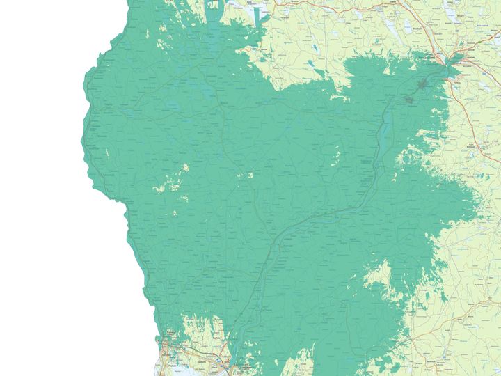 Kuvassa vaaleampi vihreä väri kuvaa normaalia 4G-/5G-peruspeittoa, ja tummempi vihreä erityisen nopeaa, 3,5 GHz:n taajuudella toimivaa 5G-verkkoa.