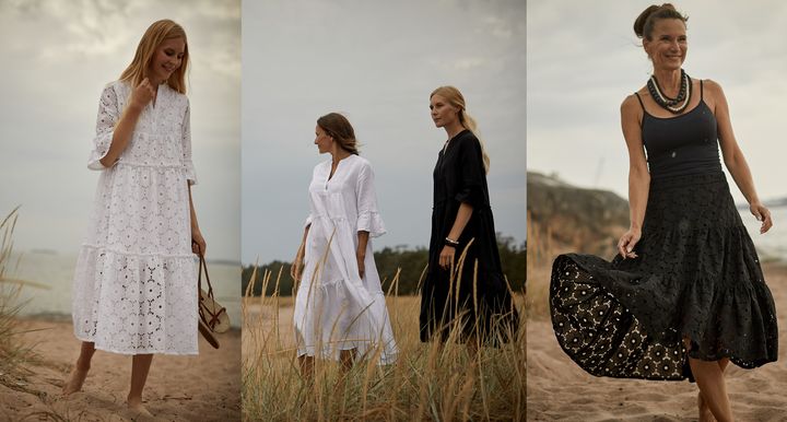 Kuvassa vasemmalta oikealle: Noora-mekko valkoinen, Noora-pellavamekot valkoisena ja mustana sekä Netta-hame mustana.
