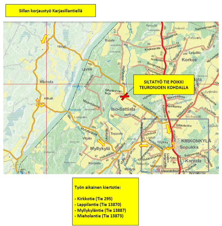 Liikenne ohjataan kiertotielle Kirkkotien (tie 295), Lappilantien (tie 13870), Myllykyläntien (tie 13887) ja Mieholantien (tie 13873) kautta.
