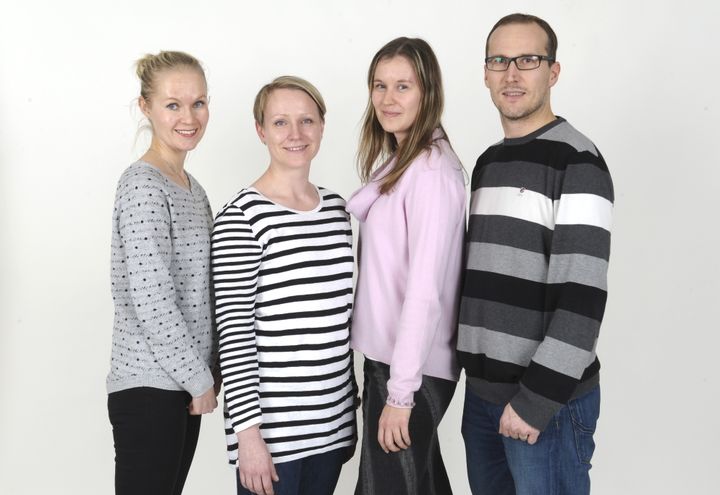 STT-Lehtikuvan suomenkielisen toimituksen uudet päälliköt, vas. Piritta Rautavuori (yhteiskuntatoimitus), Maisa Lehtovuori (deski), Maria Annala (24h) ja Panu Tuunala (uutiskuva ja urheilu)
