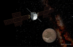 Hahmotelma Juice-luotaimen Ganymedes-kuun ohilennosta. Ganymedes on Jupiterin suurin kuu ja sillä on jäinen pinta, jonka alla on oletettavasti valtameri. Kuva: Aalto-yliopisto / Space Walk VR-ohjelma (Ganymedes: NASA / Juice-luotaimen malli: ESA & ATG medialab)