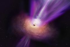 Taiteilijan näkemys Messier 87:n mustan aukon alueelta tulevasta kertymävirtauksesrasta ja suihkusta. Kuva: Sophia Dagnello, NRAO / AUI / NSF