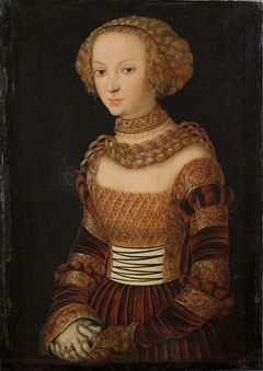 Lucas Cranach vanhempi, d. ä., the Elder, työhuone, verkstad, workshop.
Nuoren naisen muotokuva (Prinsessa Emilia Saksilainen?) 
Porträtt av en ung kvinna (Prinsessan Emilia av Sachsen?)
Portrait of a Young Woman (Princess Emilia of Saxony?)
ennen, före, before 1537.
Statens Museum for Kunst, Kööpenhamina,  Köpenhamn, Copenhagen.