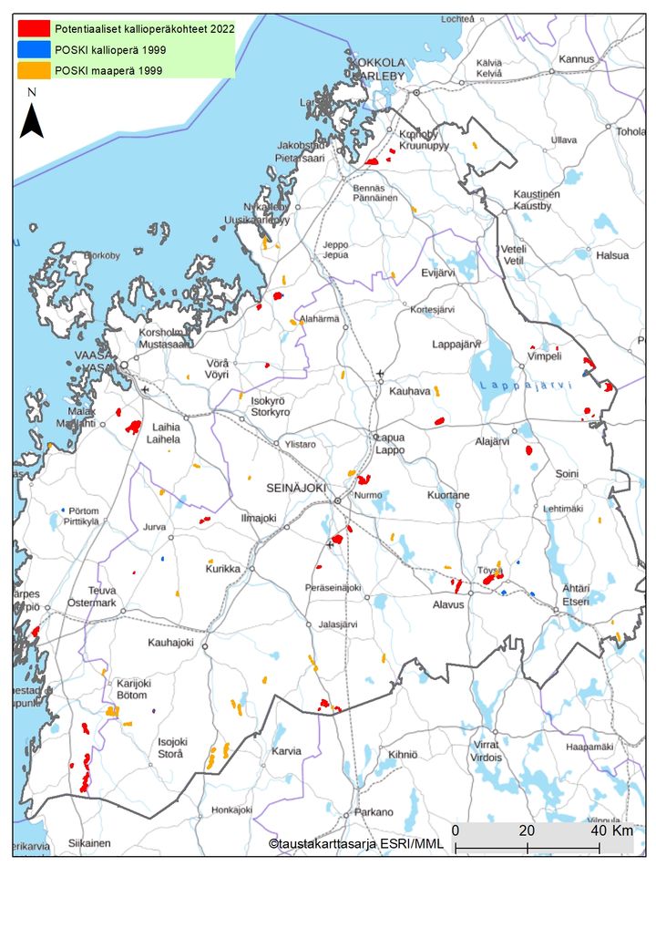 Kartta: POSKI-pivityshankkeen alustavasti inventoitaviksi osoitetut alueet v. 2022 Etel-Pohjanmaan ja Pohjanmaan alueilla. POSKI kallioper 1999 ja POSKI maaper 1999 viittaavat edellisess POSKI-hankkeessa osoitettuihin alueisiin, joiden luonto- ja maisema-arvot tarkistetaan. Potentiaaliset kallioperkohteet 2022 ovat uusia alustavia rajauksia, joilla voisi olla merkityst maakuntien tulevaisuuden kiviaineshuollon kannalta. Huom. aluemerkinnt kartassa ovat ylikorostettuja eivtk vastaa niiden todellista pinta-alaa. Inventoitavat alueet mys tarkentuvat ja pienevt tss esitetyst ennen maastotit.