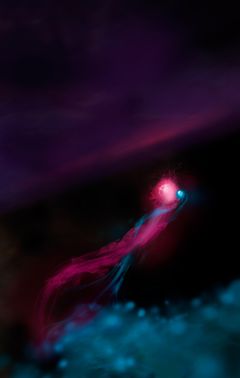 Kuva 1. Taiteellinen näkemys kvanttipiirijäähdyttimestä toiminnassaan. Kun elektroni tunneloituu, se samalla kaappaa fotonin kvanttilaitteelta, mikä johtaa laitteen jäähtymiseen. Kuva: Heikka Valja (Huom. Kuvaa saa rajata vaakaan ja peilata).