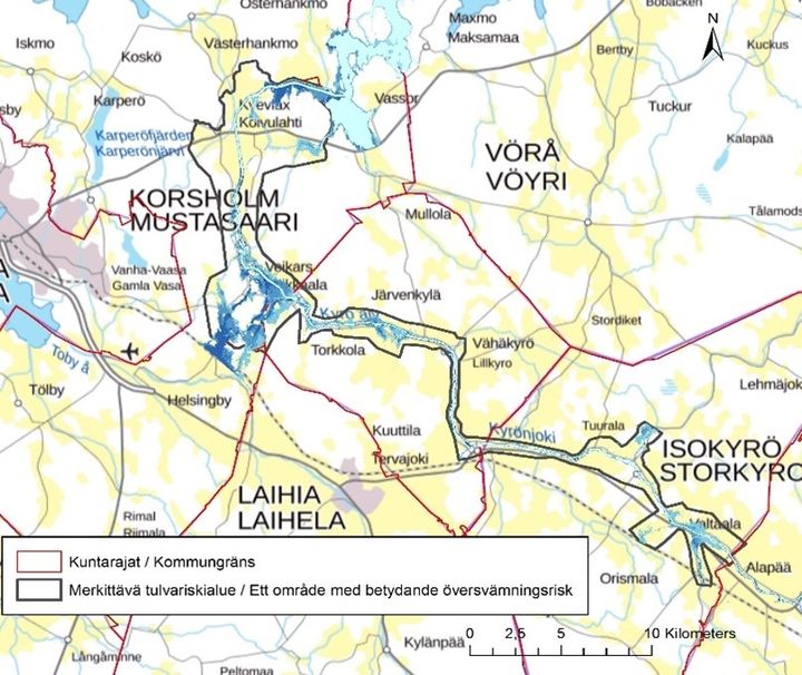 Översvämningskarteringarna i Kyro älv på kartan.