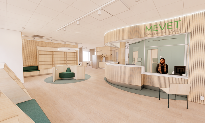 Tältä rakenteilla olevan Eläinsairaala Mevetin aula näytti virtuaalitodellisuudessa. Havainnekuva: Raami Arkkitehdit