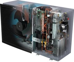 Monobloc-tyyppisessä ilma-vesilämpöpumpussa kaikki tarvittava tekniikka on kompaktin kokoisessa ulkoyksikössä, joten erillistä sisäyksikköä ei tarvita. Kuvassa halkileikkaus Daikin Altherma 3 H -ilma-vesilämpöpumpusta.
