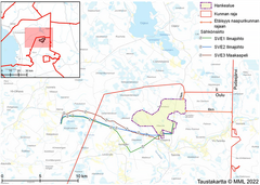 Hankealueen sekä sähkönsiirtolinjojen sijainnit sekä etäisyydet naapurikuntien Iin ja Pudasjärven kuntarajoihin.