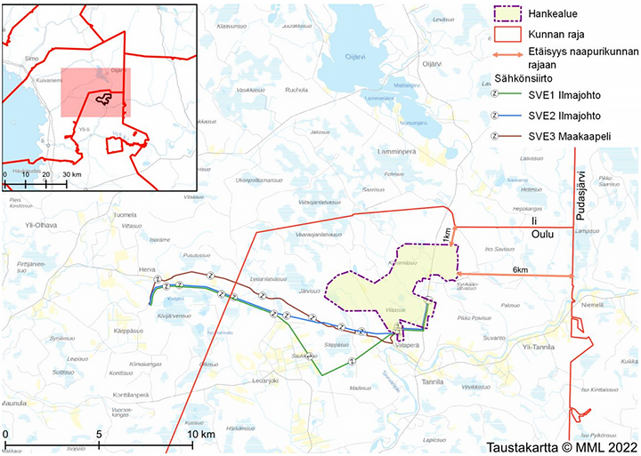 Hankealueen sekä sähkönsiirtolinjojen sijainnit sekä etäisyydet naapurikuntien Iin ja Pudasjärven kuntarajoihin.