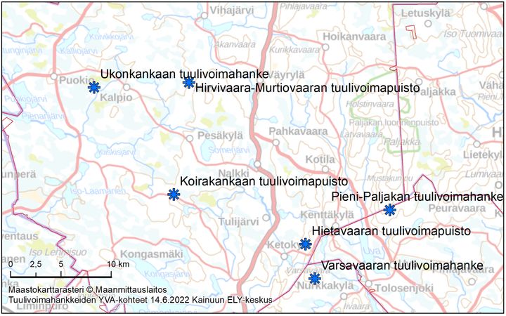 Koirakankaan ja Hirvivaara-Murtiovaaran tuulivoimahankkeet sijoittuvat Puolangan kunnan keskiosiin.