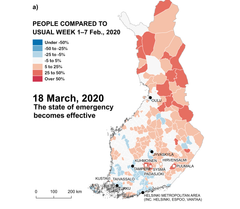 Väestön suhteellinen muutos kunnittain 18. maaliskuuta 2020 suhteessa vertailuajankohtaan (1-7. Helmikuuta 2020). Mustat pisteet kuvaavat suurimpia kaupunkeja ja valkoiset neliöt manner-Suomen kuntia, joissa on suhteellisesti eniten mökkejä. Kaavio: Elias Willberg et al.