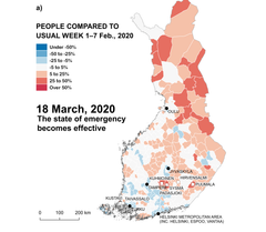 Väestön suhteellinen muutos kunnittain 18. maaliskuuta 2020 suhteessa vertailuajankohtaan (1-7. Helmikuuta 2020).  Mustat pisteet kuvaavat suurimpia kaupunkeja ja valkoiset neliöt manner-Suomen kuntia, joissa on suhteellisesti eniten mökkejä. Kaavio: Elias Willberg et al.