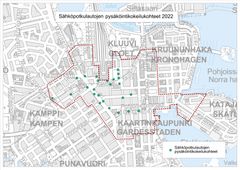 Yhteiskäyttöisten sähköpotkulautojen pysäköintipaikat.