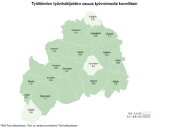 Maakunnan alhaisimmat työttömien työnhakijoiden osuudet olivat Kuortaneella (3,9 %), Evijärvellä (4,6 %) ja Isojoella (4,6 %).