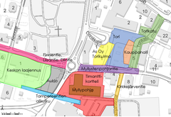 Kangasalan keskustan rakennushankkeiden sijaintikartta.