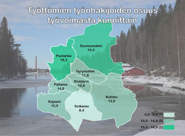 Työttömien työnhakijoiden osuus kunnittain maaliskuussa 2021 (kuntarajat ©MML).