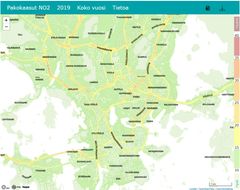 Vuosikartta auttaa arvioimaan liikenteen vaikutuksia eri asuinalueiden ilmanlaatuun. Vihreä väri kuvaa hyvää ja punainen huonoa ilmanlaatua.