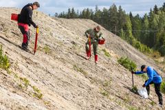 Suurin yksittäinen istutusalue oli jyrkkäseinäinen meluvalli. Sitä istuttamassa Kontiolahden maailmancup-tapahtumien johtaja Sami Leinonen (vas.) , sisäministeri Krista Mikkonen ja maailmancup-tapahtumien talkoolainen Esa Kinnunen. Kuva: Jarno Artika. 