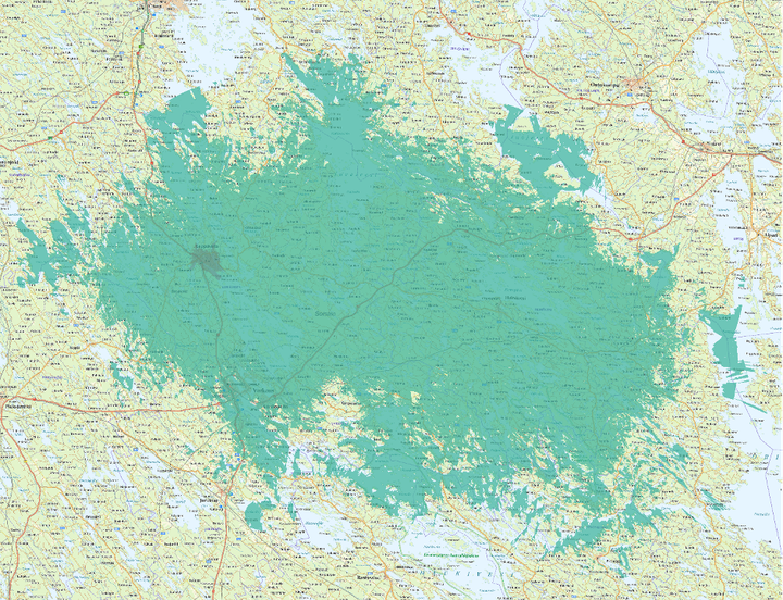 Kuvassa vaaleampi vihreä väri kuvaa normaalia 4G/5G-peruspeittoa, ja tummempi vihreä erityisen nopeaa, 3.5 GHz -taajuudella toimivaa 5G-verkkoa.
