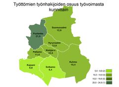 Työttömien työnhakijoiden osuus työvoimasta kunnittain Kainuussa huhtikuussa 2023.