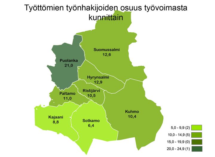 Työttömien työnhakijoiden osuus työvoimasta kunnittain Kainuussa huhtikuussa 2023.
