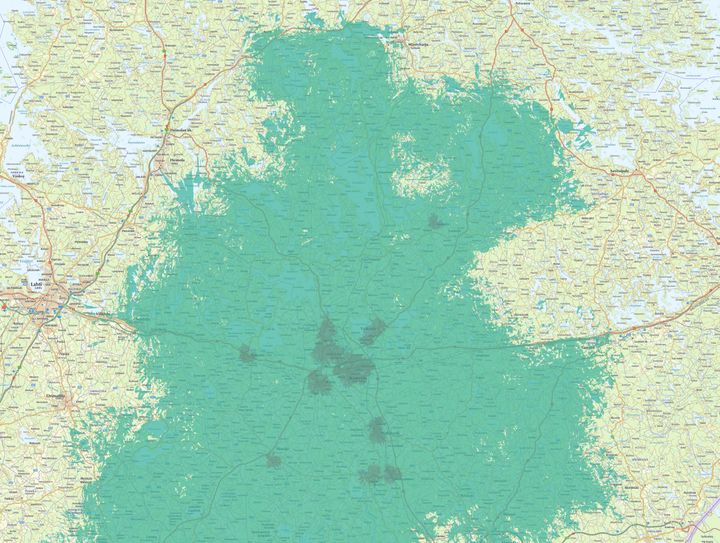 Kuvassa vaaleampi vihreä väri kuvaa normaalia 4G-/5G-peruspeittoa, ja tummempi vihreä erityisen nopeaa, 3,5 GHz:n taajuudella toimivaa 5G-verkkoa.