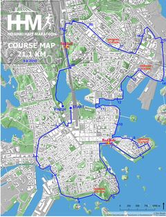 Helsinki Half Marathonin reittikartta.