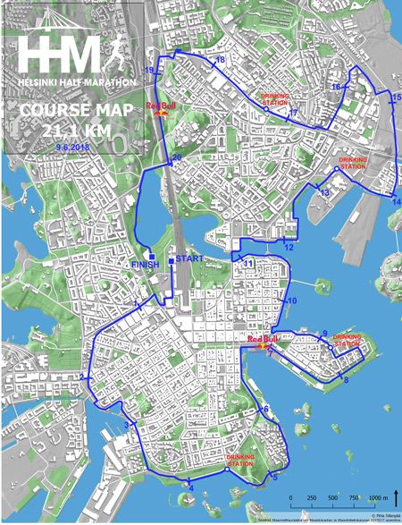 Helsinki Half Marathonin reittikartta.