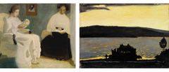 Helene Schjerfbeck: Läsande flickor (1907). Finlands Nationalgalleri / Konstmuseet Ateneum. Bild: Finlands Nationalgalleri / Hannu Aaltonen. | Hugo Simberg: Vårafton vid islossningstid (1897). Finlands Nationalgalleri / Konstmuseet Ateneum. Bild: Finlands Nationalgalleri / Pirje Mykkänen. 