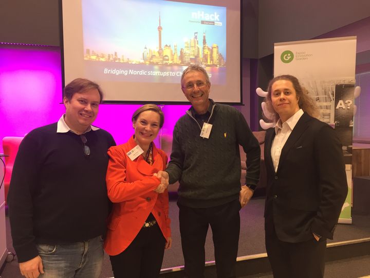Through the partnership nHack will specialize on helping Espoo based companies prototype and manufacture, enter the Chinese market and to raise growth capital in China. From the left: Claude Finckenberg, Chairman, Lifelearn Holdings Pte Ltd, Jaana Tuomi, CEO, Espoo Marketing, Kjetil Lund, Managing Partner, nHack, Teppo Havo, Global Start-up Lead, Danske Bank A/S.