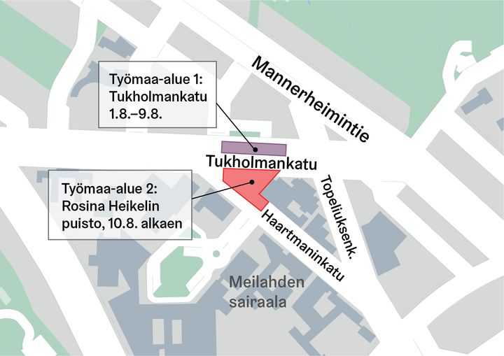 Työmaa-alueiden sijoittuminen kartalle.