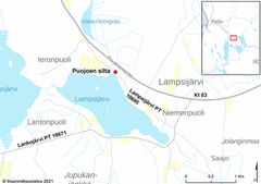 Kartta siltapaikasta ja kiertoteistä. Kuva vapaasti käytettävissä.