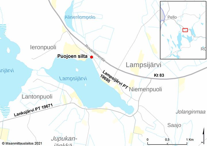 Kartta siltapaikasta ja kiertoteistä. Kuva vapaasti käytettävissä.