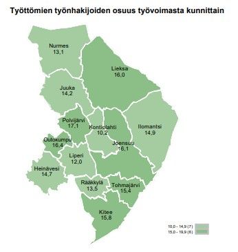 Työttömien työnhakijoiden osuus työvoimasta kunnittain/TEM