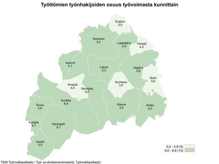 Maakunnan alhaisimmat työttömien työnhakijoiden osuudet olivat Evijärvellä (3,5 %), Kuortaneella (3,5 %), Vimpelissä (4,3 %) ja Ilmajoella (4,4 %).